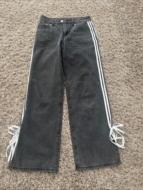 Edikted Black Wide Leg Jeans with White Side Stripes and Ties